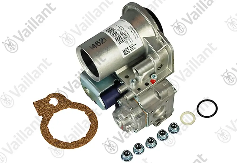 Vaillant Gasarmatur mit montierten Dichtungen und Schrauben, bestehend aus einem Metallgehäuse und einem Motor, zur Verwendung in Heizsystemen.